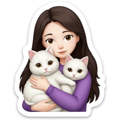 a woman with dark brown straight hair and pale skin with her white fluffy cat hugging her cat sticker