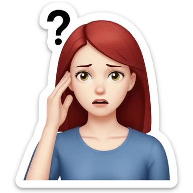 Woman with puzzled expression, scratching her head with a question mark sticker
