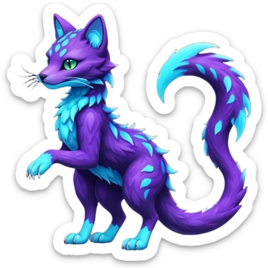 Kawaii dark edgy badass black and purple glowing neon bioluminescent fantasy feline-vernid-sergal-fursona animal creature with a tufted tail full body with intricate markings  sticker