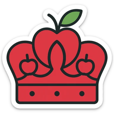 Change the color scheme to feature more red, making the crown and apple motifs predominantly red, while keeping the style iconic and clean, with no background. sticker