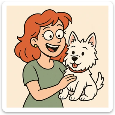 red headed woman with a Westie dog, cartoon style, cheerful atmosphere sticker