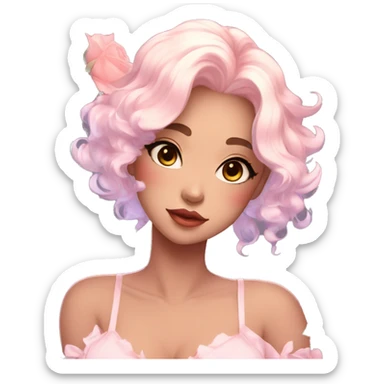 Gorgeous pastel anime style lady with blushing face and roses leaves shiny aesthetic trending style sticker