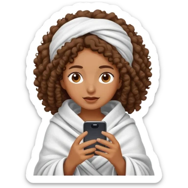 Perempuan berkulit coklat, berambut ikal, memakai selimut menutupi kepala sambil bermain hp sticker