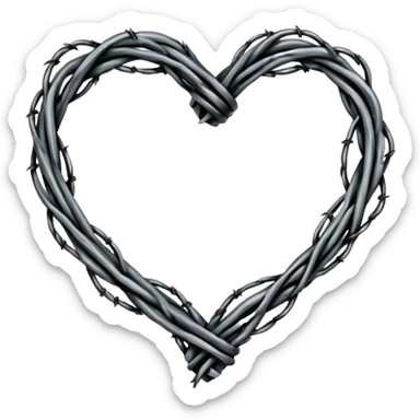 Minimal black line art heart made from barbed wire, hand-drawn sketch look, uneven ink strokes, 6–7 barbs with twisted knots, simple clean outline, centered on plain white background, high contrast sticker