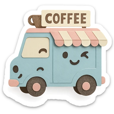adorable mobile coffee truck, full body, pastel colors, winking sticker