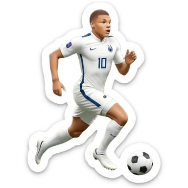 An icon showing Kylian Mbappé running with the ball on a football field during a match. The design captures his speed and focus, with dynamic motion lines and a vibrant background of the field and stadium lights. Transparent background emphasizes the action. sticker
