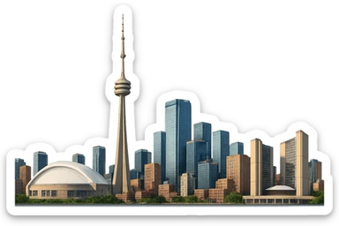 cinematic, realistic emoji of Toronto skyline with iconic landmarks such as the CN Tower, Rogers Centre, and Toronto City Hall, lifelike detail, accurate colors, bright lighting, wide city view, fully transparent background sticker