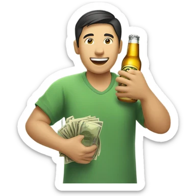 Asian man happily taking money and giving beer sticker