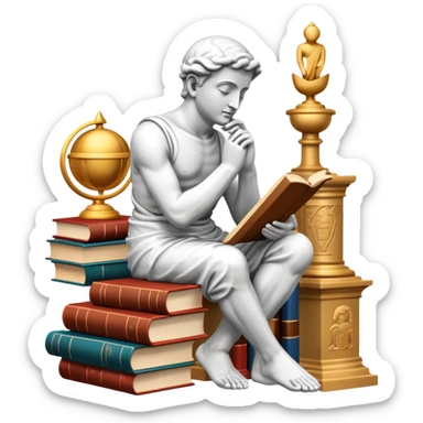 An icon featuring a thinker statue, a scroll, symbolizing philosophy. The design includes books and abstract symbols representing deep thought and wisdom. Transparent background highlights the study of ideas, logic, and existential questions sticker