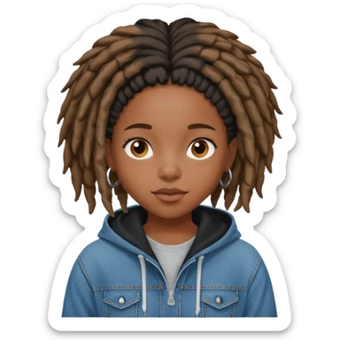 make a black girl with short locs wearing a denim hoodie with black sleeves sticker