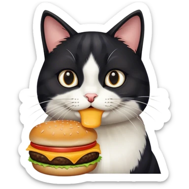 A black and white cat eating a cheeseburger  sticker