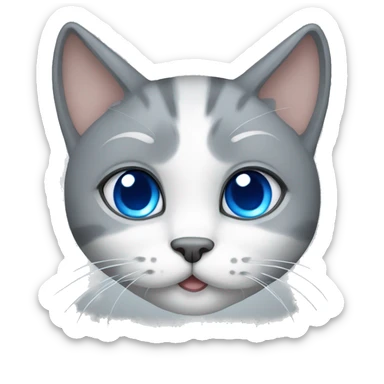 gray cat with blue eyes and a white bow sticker