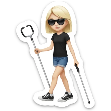 A blonde girl wearing black sunglasses, walking with black and white converse shoes on holding a white cane for for the Blind in one hand and a knife with a red handle and a black blade in the other ￼ sticker