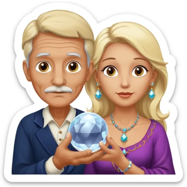 Elderly male cleanshaven gypsy with earrings and blonde female gypsy holding a crystal ball sticker