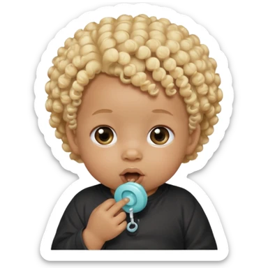 Black newborn baby, short tuft of curly blonde hair, pacifier in mouth sticker