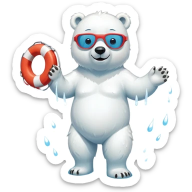 full body friendly anthropomorphised polar bear smiling, wearing colorful swim shorts and swim goggles, standing in a small puddle, holding a red and white life buoy sticker