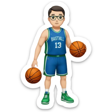 Full Body plus size tall white male with dark short hair basketball player wearing glasses wearing blue  with green uniform sticker