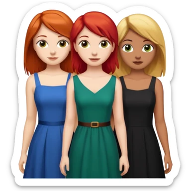Can you create an image of 3 friends together one with red bright hair light skin one the other with brown hair with some blonde highlights in the hair fair skin the last one with light brown a tint of orange hair and black long hair with brown with dresses sticker