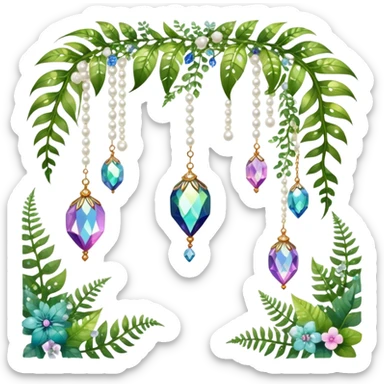 Exotic romantic Few cute tiny Iridescent glistening glossy sparkly shiny glittery hanging crystals pearls and beads and gemstones scenery scenic decorations with vines and ferns and flowers sticker