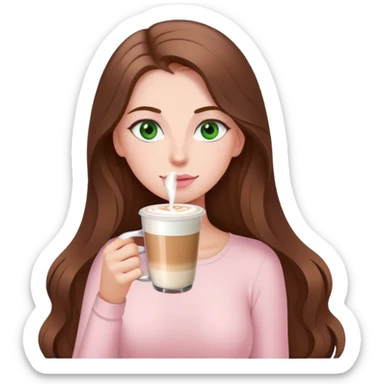 pretty woman with very long brown hair and green eyes and light pink outfit drinking a latte sticker
