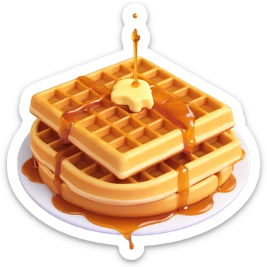 Keep the 3D emoji style golden waffle with grid pattern, melting butter, and evenly drizzled maple syrup. Apply soft lighting and minimal shadows. Make the background fully transparent. sticker