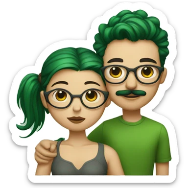 A heavy set boy with brown hair and a mustache is kissing a green haired girl who is thin and wearing glasses both have tattoos sticker