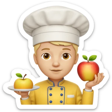 3D cartoon-style chef in the Apple emoji style, wearing a bright yellow chef uniform with hat sticker