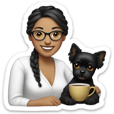 woman-black hair-bun-with glasses-with black teacup dog-white-smile sticker