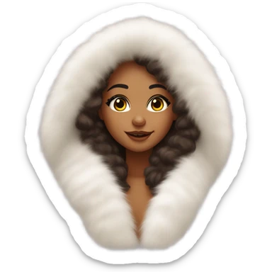 Tanned Girl with lashes ,  in an extremely big fluffy oversized white fur coat with hood on. The fur is real and it’s very obvious big and fluffy like in Pinterest  sticker