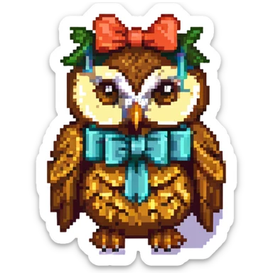 owl with bow and text 'SAMY QUIZ' in the same color palette as the reference image, pixel art style sticker
