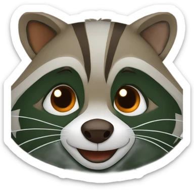 brown raccoon with orange eyes and a dark green hood that is smiling sticker