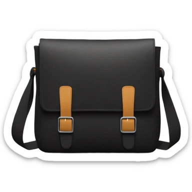 Small black men’s messenger bag emoji, minimalist style, simple rectangular shape, adjustable strap, no details or logos, transparent background. sticker