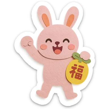 full-body pink bunny holding a lucky charm and pumping fist, paper-craft style sticker