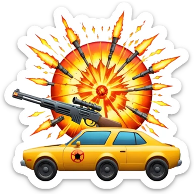 Icon for Action Movies: Close-up collage with dynamic explosions, guns, cars and heroic figures. Include iconic weapons, dramatic lighting and high-energy scenes that capture the essence of action films. Vibrant colors and intense motion. Transparent background. sticker