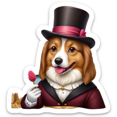 Dog eating 2 pieces of raspberry licorice wearing a top hat while painting the Mona Lisa sticker