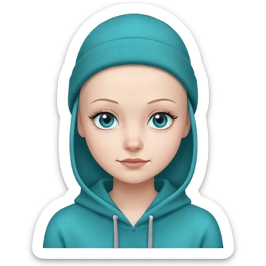 girl with no hair wearing a black beanie  and a teal hoodie. she has blue eyes, long lashes and is smirking sticker
