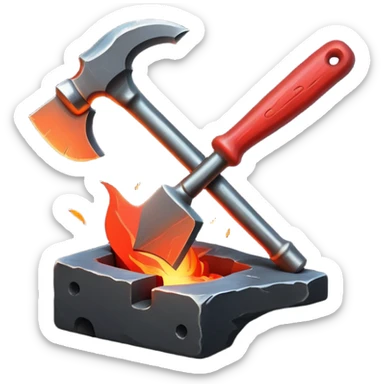 Blacksmithing icon, forged metal piece being shaped with hammer and anvil, glowing red-hot metal, blacksmith tools like tongs and chisel, sparks flying, minimalistic style, clean lines sticker