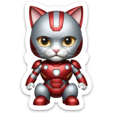 gray and white striped cat in an Iron Man costume sticker
