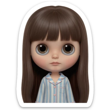 Make me an emoji that is wearing pajamas maker her a Blythe doll type emojiMake her hair longer Make her hair darker Make her hair a darker brown sticker