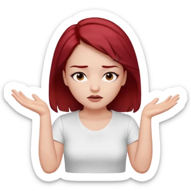 younger woman shrugging, eyes closed, white t-shirt, dark red hair, black eyebrows sticker