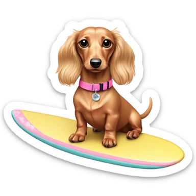 Long haired miniature dachshund cream colour with pink collar  on surfboard sticker