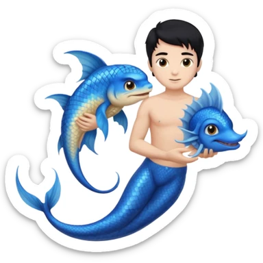 boy, black hair, brown eyes, white skin, Triton, with Triton in hand, blue Triton tail and blue triton ears sticker