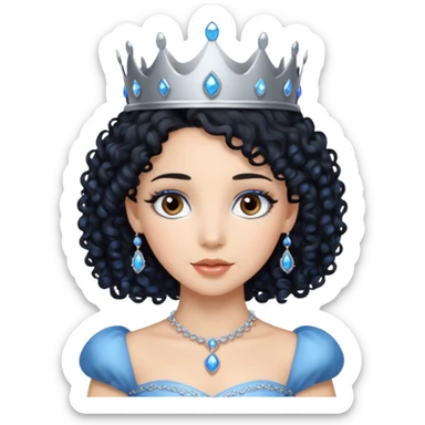 Por favor hazme el emoji de la princesa pero con el pelo negro y rizado, los ojos marrones y la corona plateada con jollas azules sticker