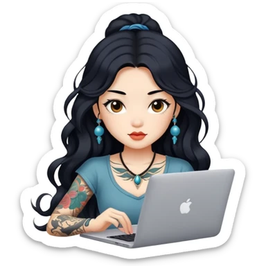 beautiful girl, with tattoos, with long black hair, wavy hair, chinese, with laptop sticker