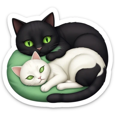 Big black cat with green eyes is sleeping with a small white cat sticker