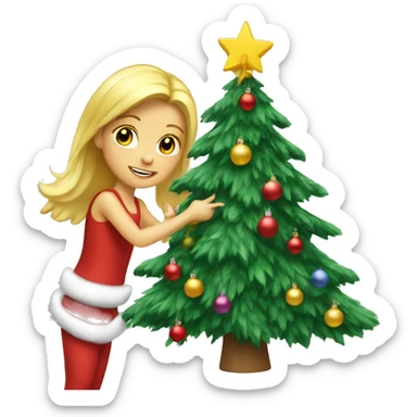 Blond Girl decorating a Christmas tree sticker