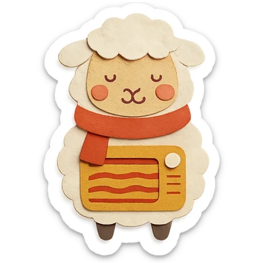 cute electric heater sheep with a cozy scarf and warm cheeks, soft white, full-body sticker
