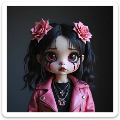 BLACKPINK inspired goth emoji, photorealistic style, black roses, dark tears, haunting look, deep shadows, pink leather jacket sticker