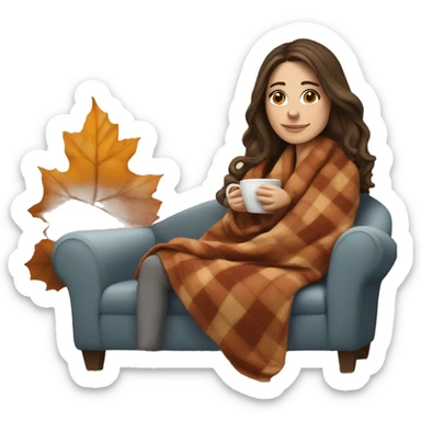 Brunette white girl covered in blanket autumn vibe sitting on a cozy chair holding coffee sticker