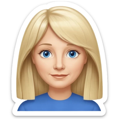 50 yr old white woman, curtain bangs, very long straight blond hair, oval face, small smile, blue eyes, thin face, hair downback, middle part round cheeks, pale, longer hair sticker